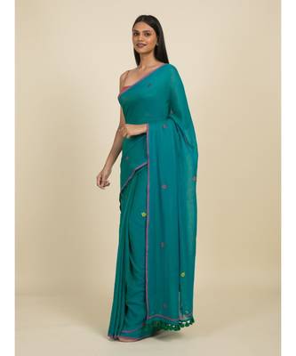 Suta Blue  Red Floral Pure Cotton Saree 3