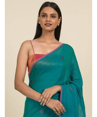 Suta Blue  Red Floral Pure Cotton Saree 4