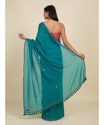 Suta Blue  Red Floral Pure Cotton Saree 5