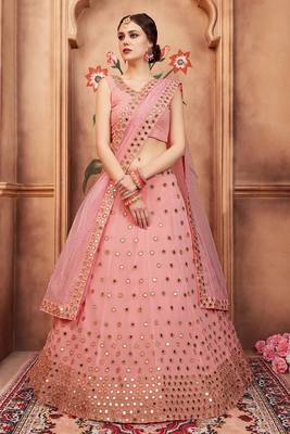 peach color mirror work lehenga choli with net dupatta 2