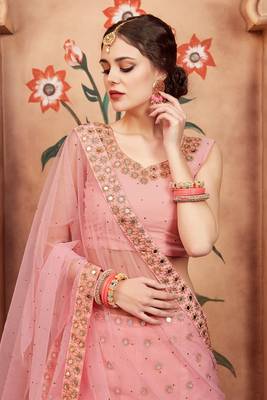 peach color mirror work lehenga choli with net dupatta 3