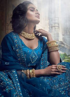 blue color zarkan work lehenga choli with designer dupatta 3