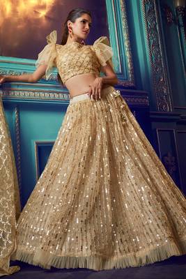 Awesome Dusky Beige Color Soft Net Semi Stitched Lehenga Choli with Sequins & Ruffle Work 2