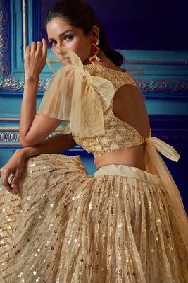 Awesome Dusky Beige Color Soft Net Semi Stitched Lehenga Choli with Sequins & Ruffle Work 3