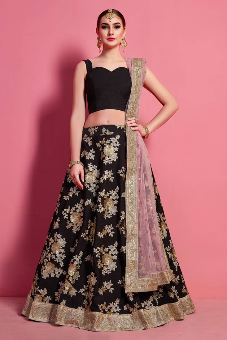 Fancy Black color designer lehenga choli with soft light pink net dupatta