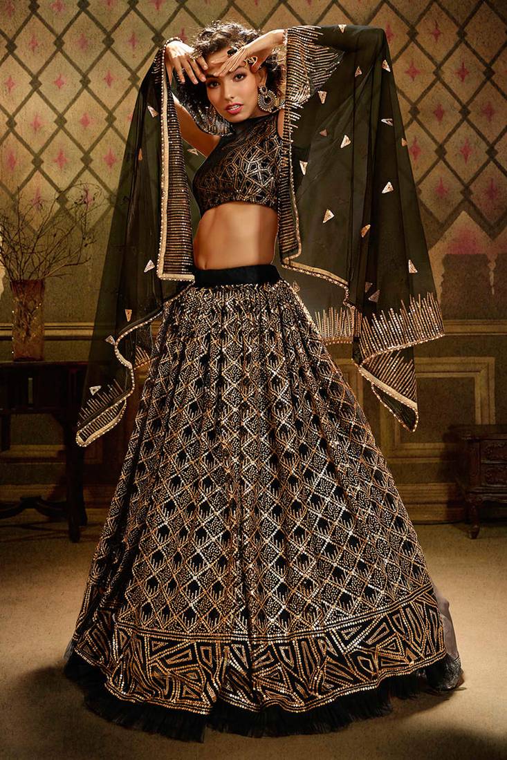 Unique Black Soft Net Sequins Work Designer Lehenga Choli With dupatta