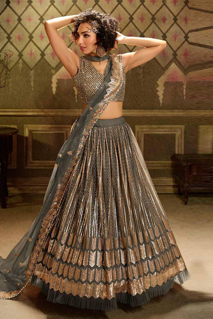 Beautiful grey lehenga Choli Sequins Work with Soft Net Dupatta
