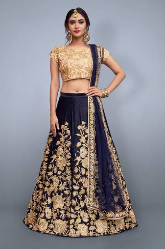 Navy blue Velvet Lehenga Choli With Soft Net Dupatta