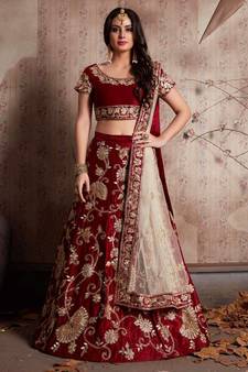 Maroon Color Velvet Lace Work Lehenga Choli Dupatta