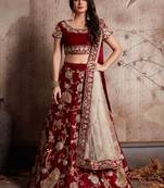 Maroon Color Velvet Lace Work Lehenga Choli Dupatta
