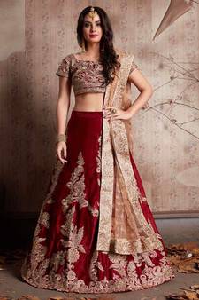 Maroon Velvet Silk Lace Work Lehenga Choli With Net dupatta