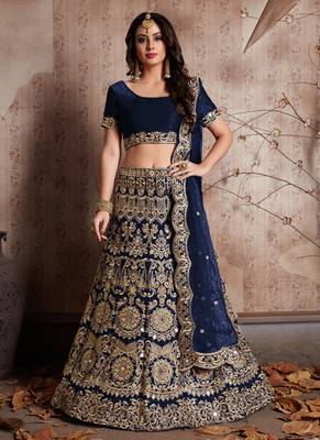 Navy blue Velvet Mirror & Zari Work lehenga Choli with Dupatta Set 1
