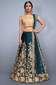 Rama green Color Velvet Lehenga Choli With Lace Work Dupatta
