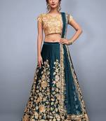 Rama green Color Velvet Lehenga Choli With Lace Work Dupatta