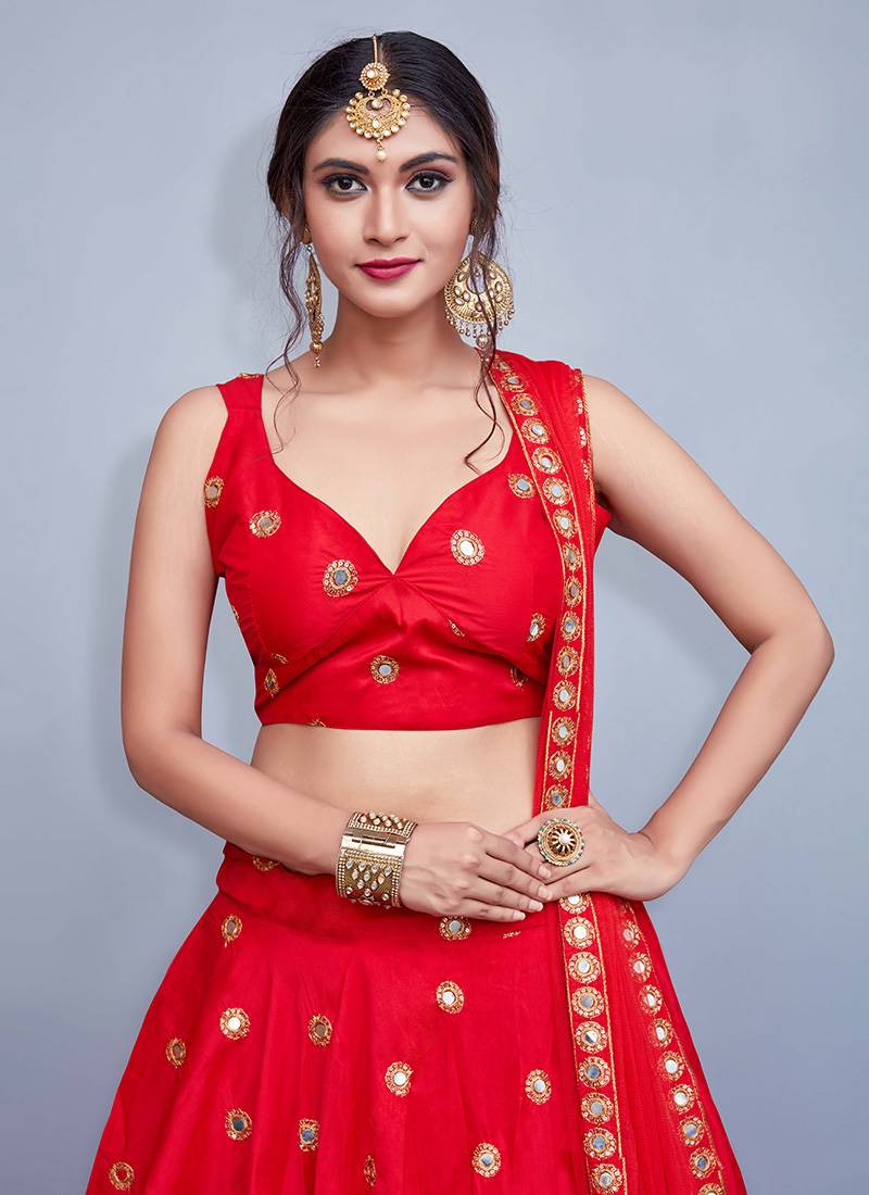 Bridal Beautiful Red Color Tafetta Silk Tassels Work Lehenga Choli