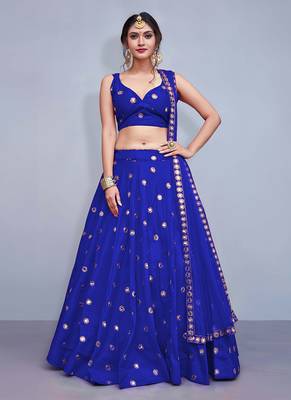 blue Color Tafetta Silk Mirror Work Lehenga Choli with Dupatta Set 1
