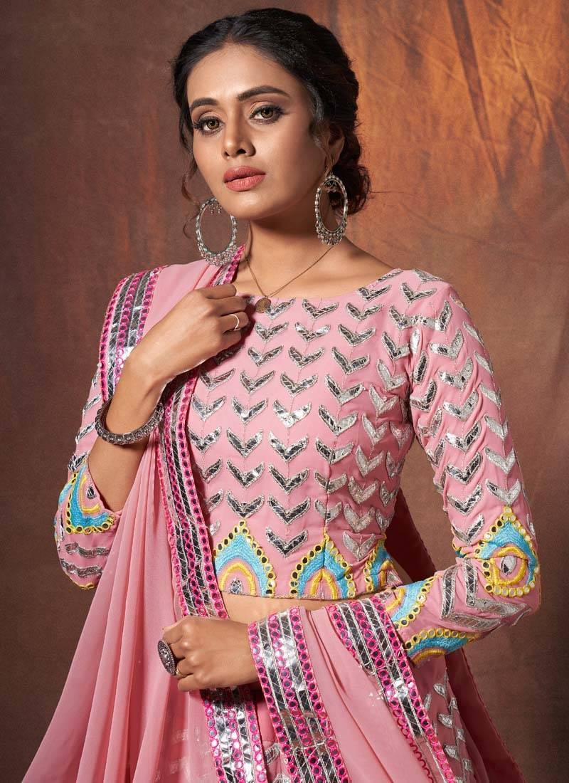 peach Color Georgette Material Gota Work Lehenga Choli With Dupatta