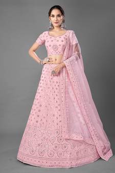 pink Color Mirror Work Lehenga Choli With Soft Net Dupatta