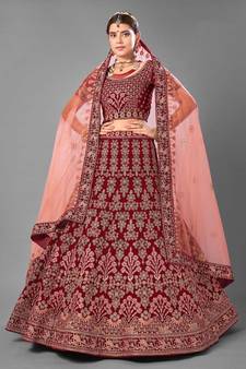 Bridal Maroon Velvet Zarkan Work Lehenga Choli With Soft Net Dupatta