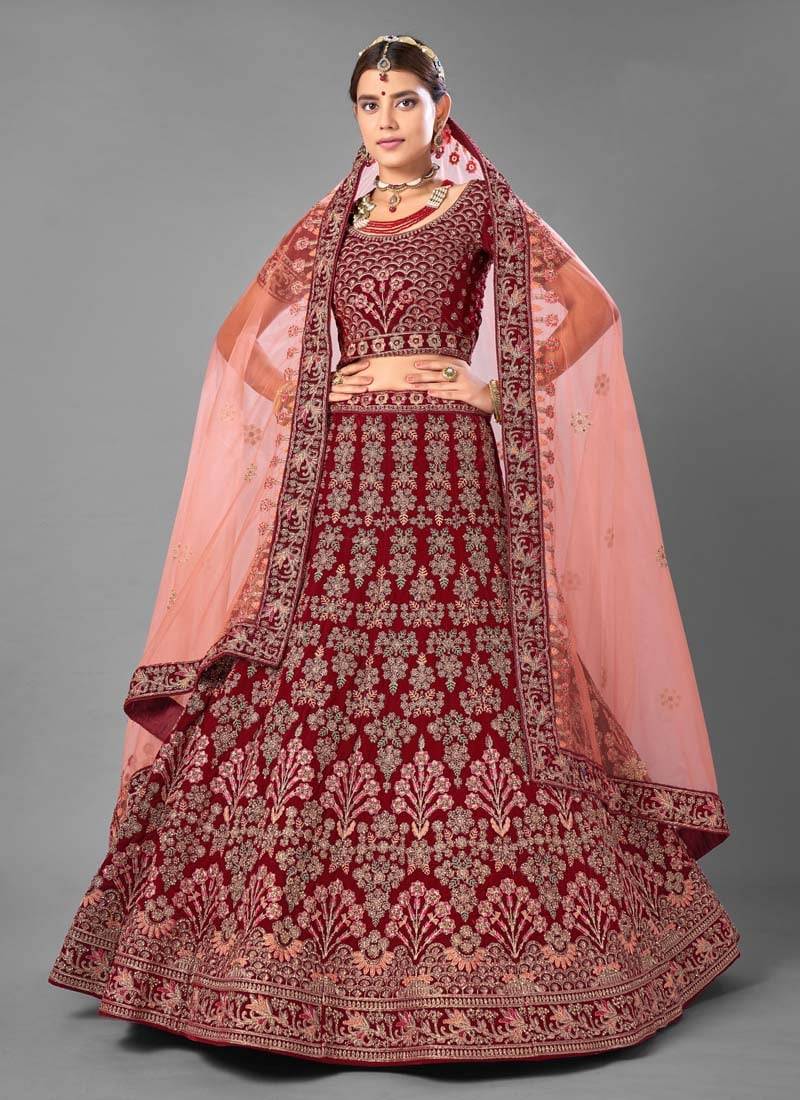 Bridal Maroon Velvet Zarkan Work Lehenga Choli With Soft Net Dupatta