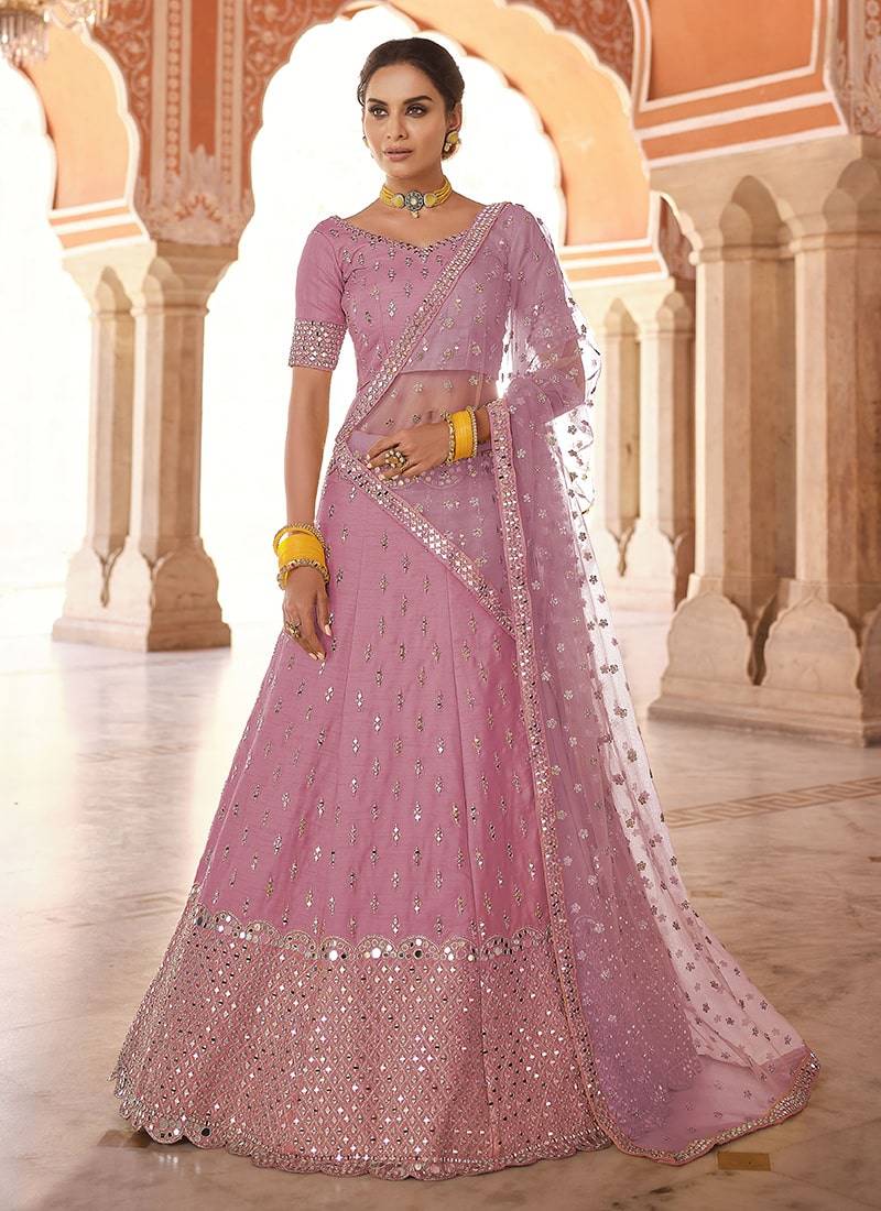 Pretty pink Color Zari & Mirror Work Lehenga Choli With Soft Net Dupatta