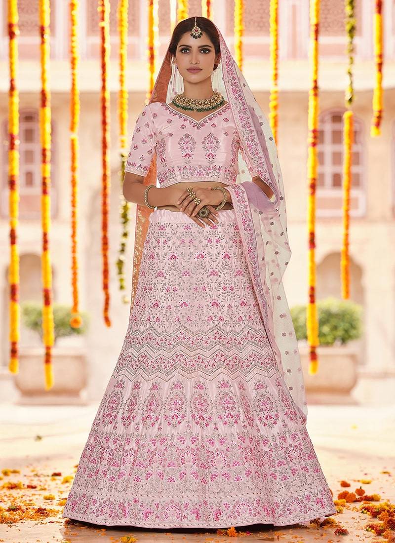 pink Color plain & Sequins Work Lehenga Choli Net Dupatta