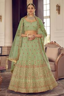 Pista Color plain Work Lehenga Choli With Soft Net Dupatta Set