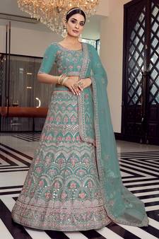 Turquoise Color organza Base plain Work Lehenga Choli Dupatta Set