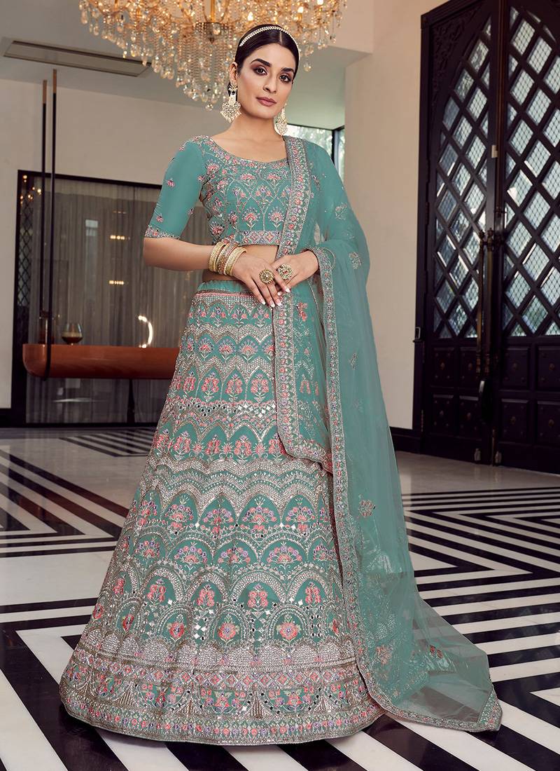 Turquoise Color organza Base plain Work Lehenga Choli Dupatta Set