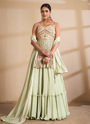 Pista Color Mirror Work Long Lehenga Choli With Soft Net Dupatta Set 1