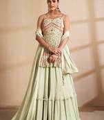 Pista Color Mirror Work Long Lehenga Choli With Soft Net Dupatta Set