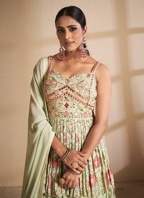 Pista Color Mirror Work Long Lehenga Choli With Soft Net Dupatta Set 2