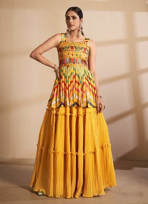 Mustard Color Gota Work Long Lehenga Choli With Dupatta Set 1