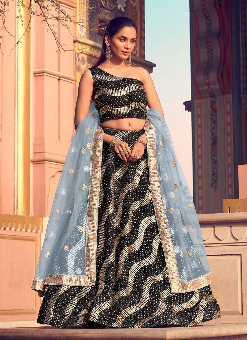 Glamorous party wear black art silk lehenga choli