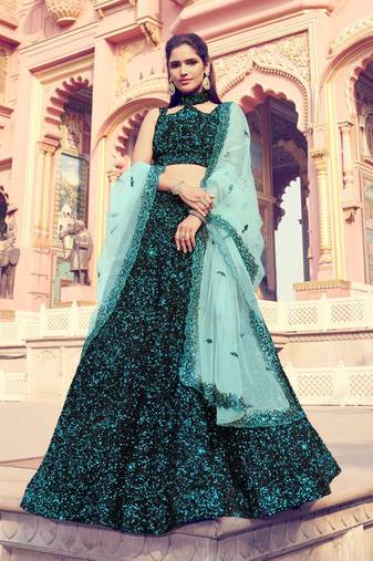 Dashing black color lehenga with turquoise blue dupatta