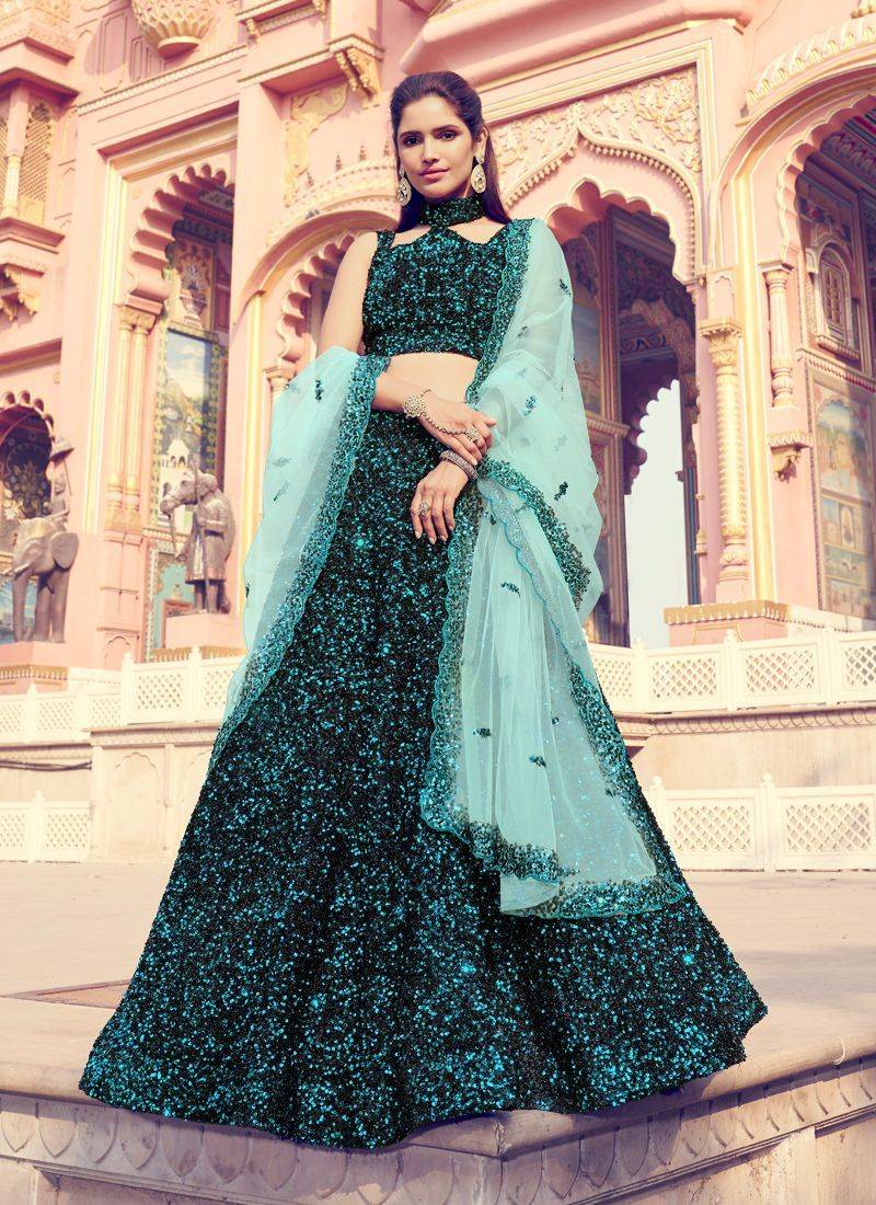 Dashing black color lehenga with turquoise blue dupatta