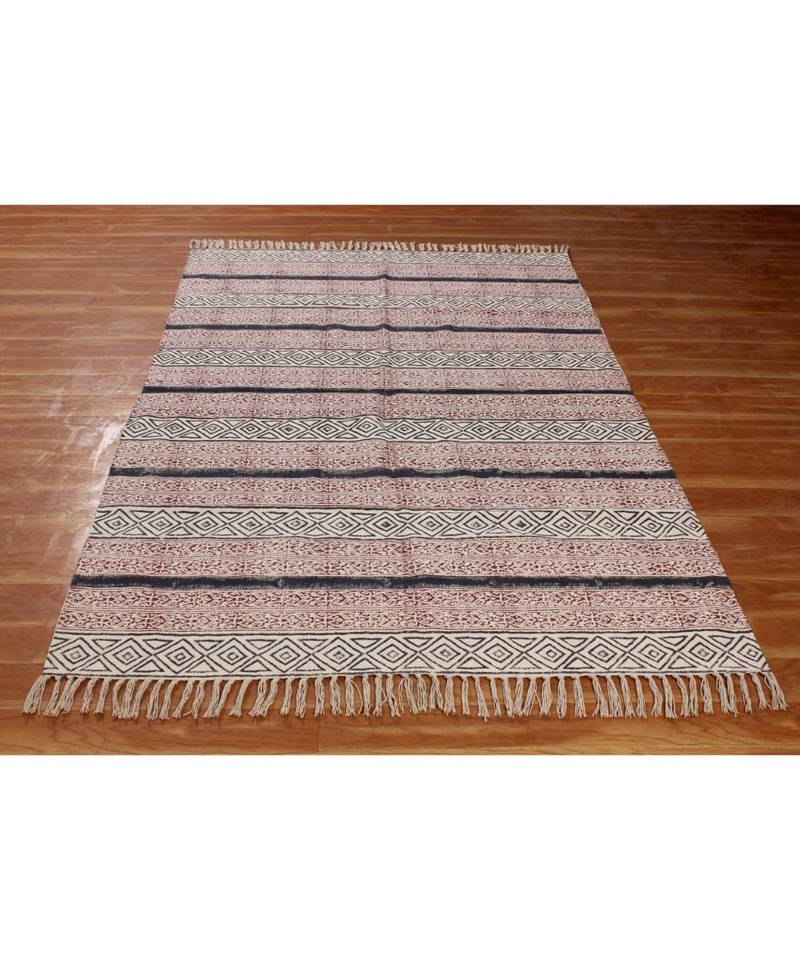 Hand Block Printed Area Rug Cotton Dhurrie Multi Color Rug Rug For Living