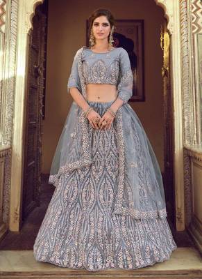 grey Color Soft Net Material plain And Sequins Work Lehenga Choli 1