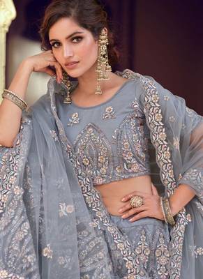 grey Color Soft Net Material plain And Sequins Work Lehenga Choli 2