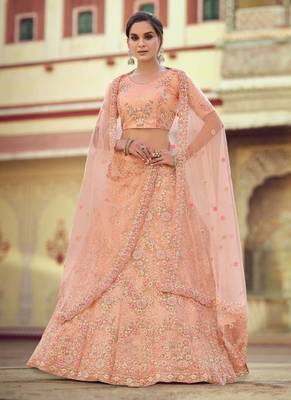 peach Color Sequins And Zari Work Wedding Wear Lehenga Choli 1
