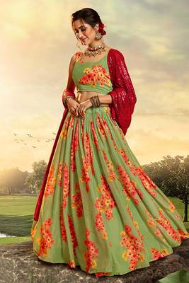 green color organza base printed lehenga choli 2