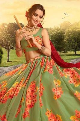 green color organza base printed lehenga choli 3