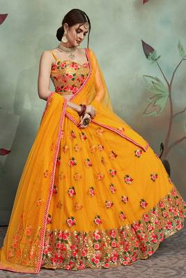 Delightful Yellow Color Soft Net Base plain And Sequins Work Lehenga Choli 2