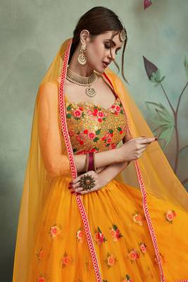 Delightful Yellow Color Soft Net Base plain And Sequins Work Lehenga Choli 3