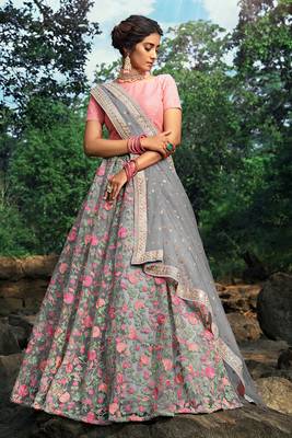 Sparkling Cloudy grey Soft Net Base Flared Embroidered Lehenga Choli 1