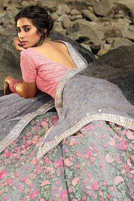Sparkling Cloudy grey Soft Net Base Flared Embroidered Lehenga Choli 2