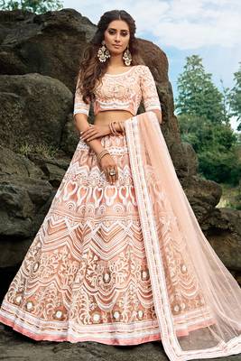 Fabulous peach pink Soft Net Base Designer Ethnic Lehenga Choli 1