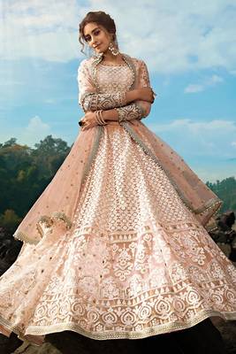 Peach Color Soft Net Fabric Sequins And plain Work Lehenga 2