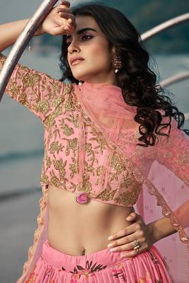 Hot pink Colored Partywear Crop Top Umbrella Lehenga Choli 3