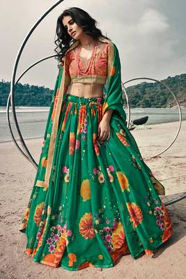 Rama green Colored Partywear Crop Top Umbrella Lehenga Choli 1